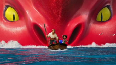 A man and a child in a boat at sea, unaware of a red monster behind them.
