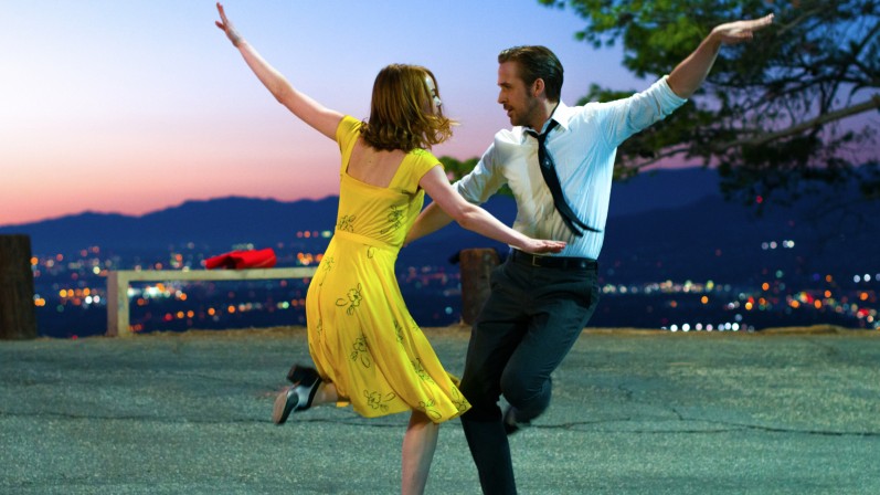 Emma Stone and Ryan Gosling dance in a still from La La Land