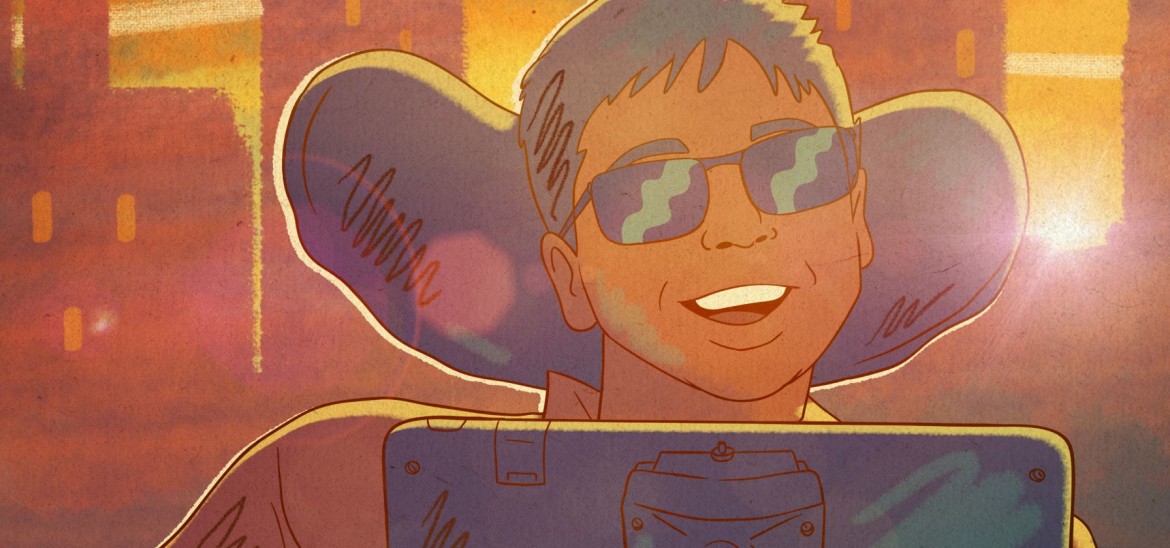 Samuel a young man in a wheelchair wearing sunglasses smiling