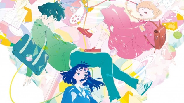 Three teenagers in kaleidoscopic colours fall through the sky.