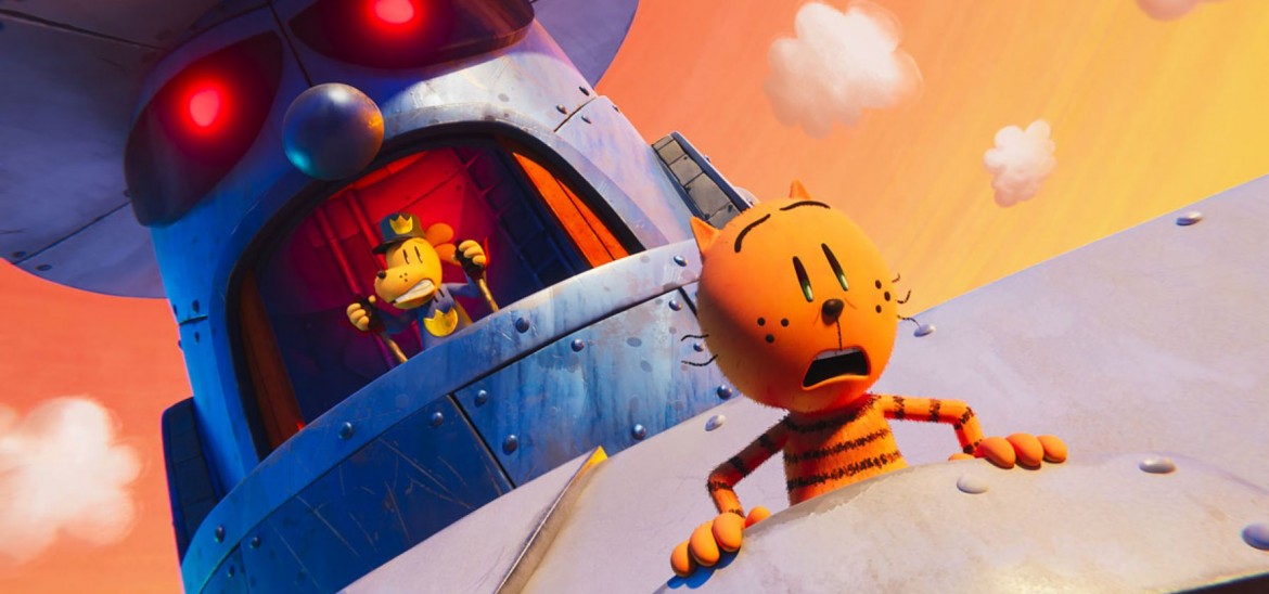 A cartoon police dog operates a robot which is clutching a ginger cat.