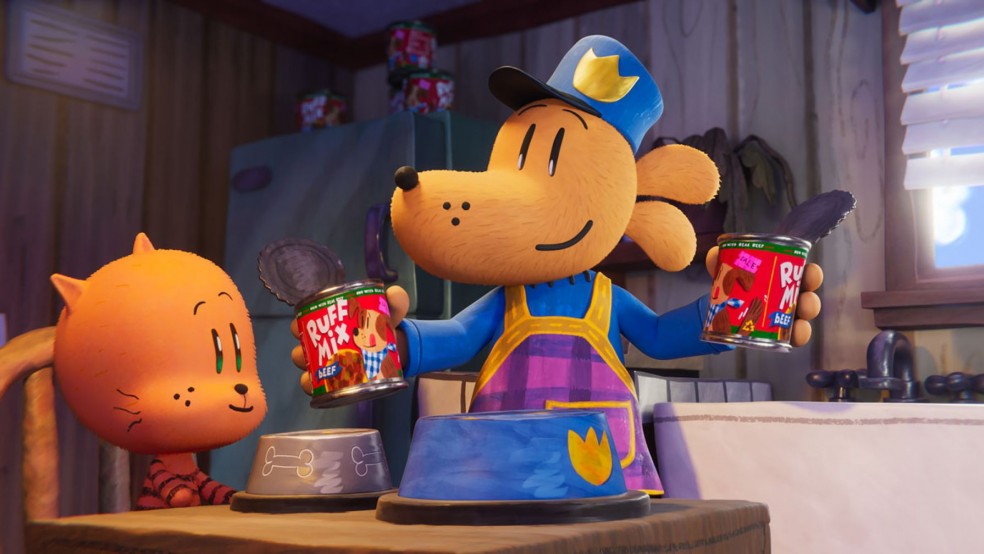 A cartoon police dog feeds tin food to a ginger cat at a kitchen table.