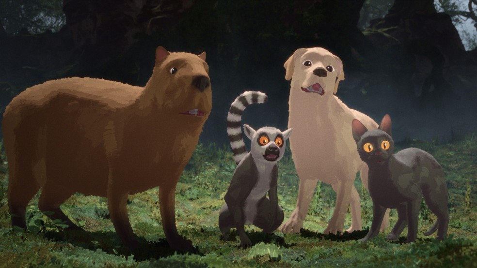 A capybara, a lemur, a dog and a cat on a stretch of grass.