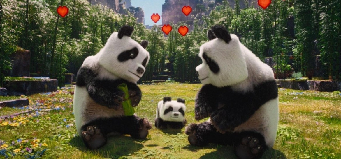 Two pandas with cubic heads look lovingly at a cub in a green space.