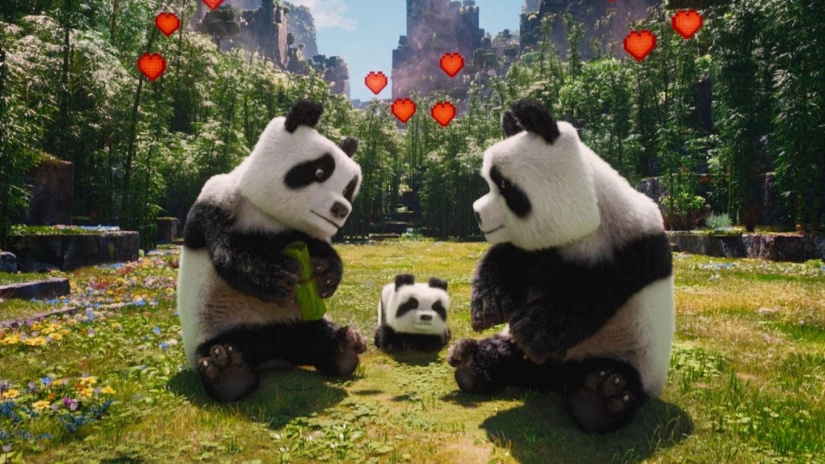 Two pandas with cubic heads look lovingly at a cub in a green space.