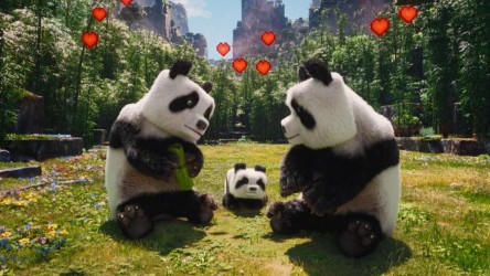 Two pandas with cubic heads look lovingly at a cub in a green space.