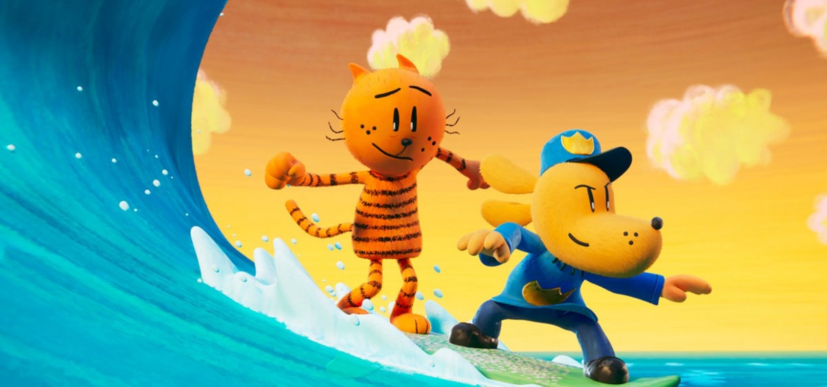 A dog in a police uniform and a ginger cat surf a wave