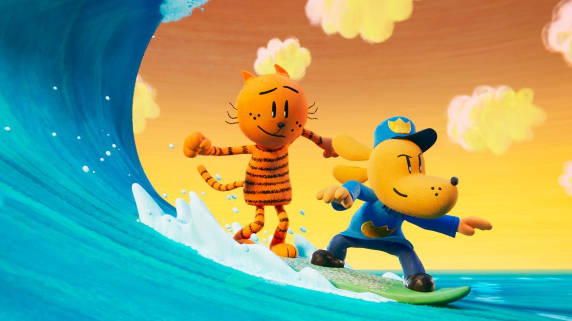 A dog in a police uniform and a ginger cat surf a wave