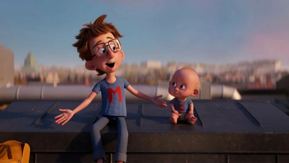 A boy with glasses and a baby sitting on a rooftop talking.