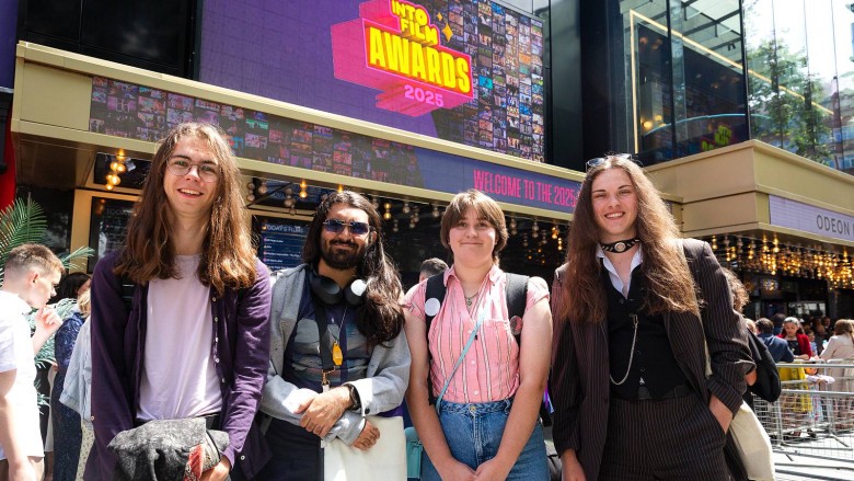 Best Story winner Ben Melocha with friends outside the Into Film Awards