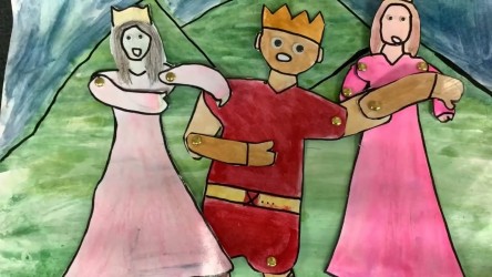 Three hand-drawn characters with crowns are holding hands and smiling. 