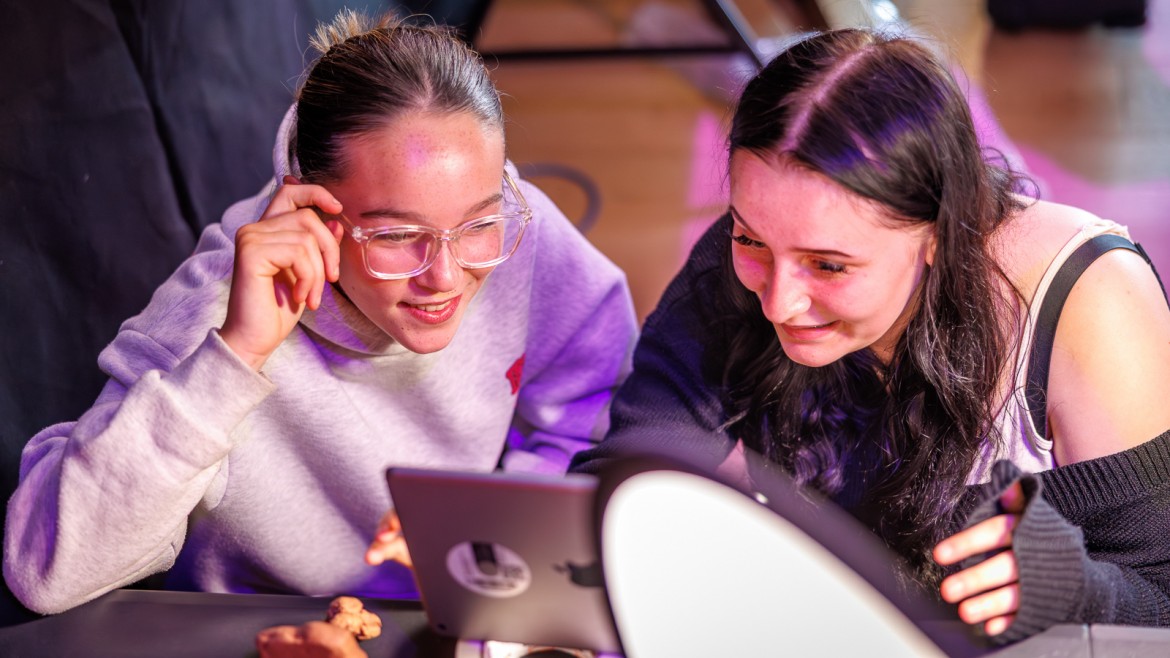 Two girls try filmmaking during a work experience session in Preston