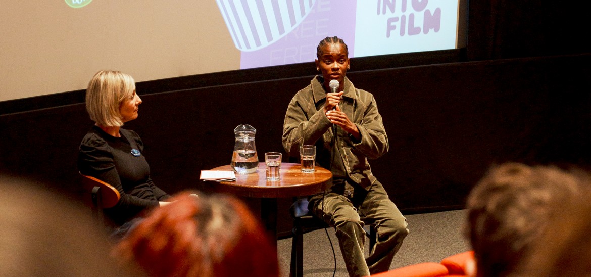 Letitia Wright speaking to young people at HOME in Manchester