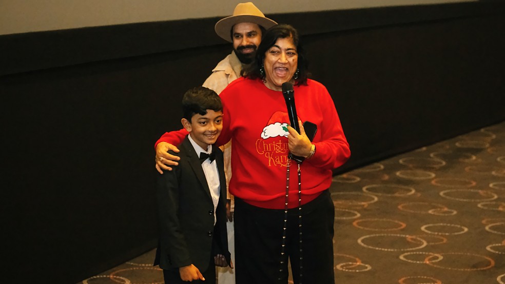 Gurinder Chadha and Kunal Nayyar with young actor Skanda Arun