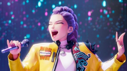 A young woman with purple hair and a yellow jacket sings into a microphone.