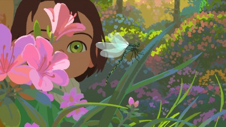 A child in a garden peers out from behind a pink flower