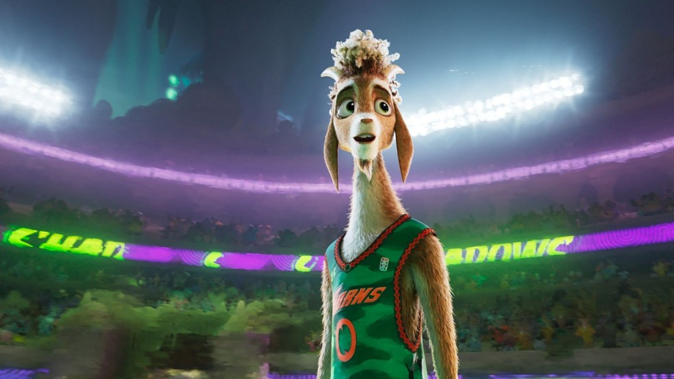 A cartoon goat wearing a basketball-style top in an arena