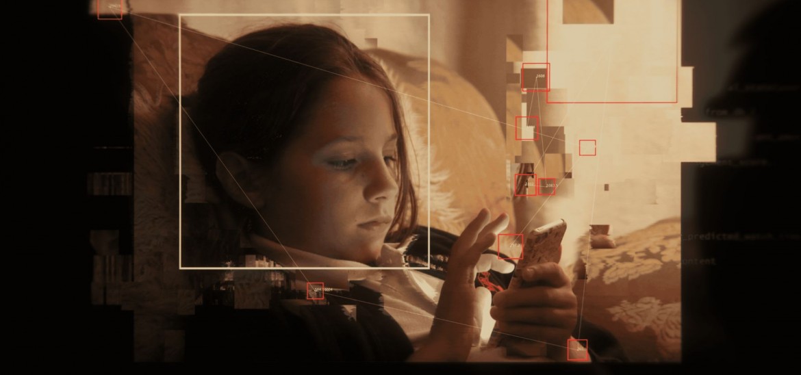 A young girl scrolls on a phone, empty textboxes float around her.