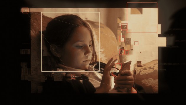 A young girl scrolls on a phone, empty textboxes float around her.