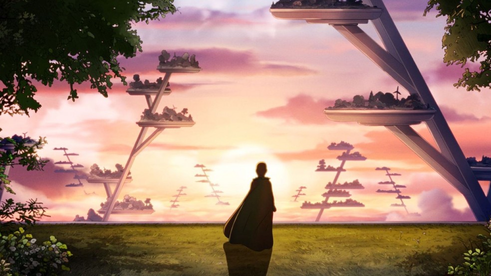The silhouette of a person wearing a cape in a futuristic nature landscape.