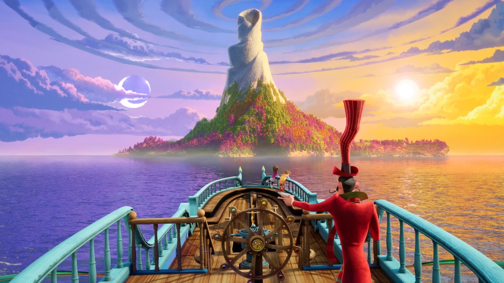 A tall cartoon man dressed in red steers a boat towards a colourful island.