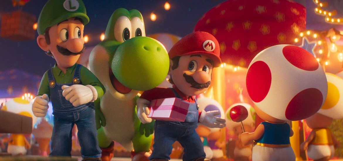 Two cartoon plumbers and a little green dinosaur talk to a little mushroom.