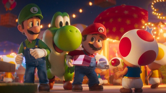 Two cartoon plumbers and a little green dinosaur talk to a little mushroom.