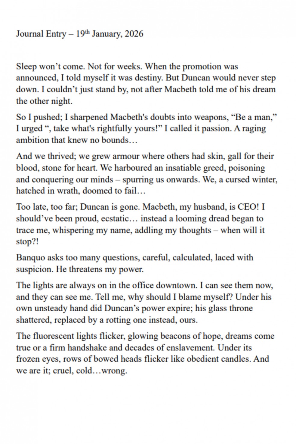 Hamlet Character Journal Competition winner (by Husna, aged 15)