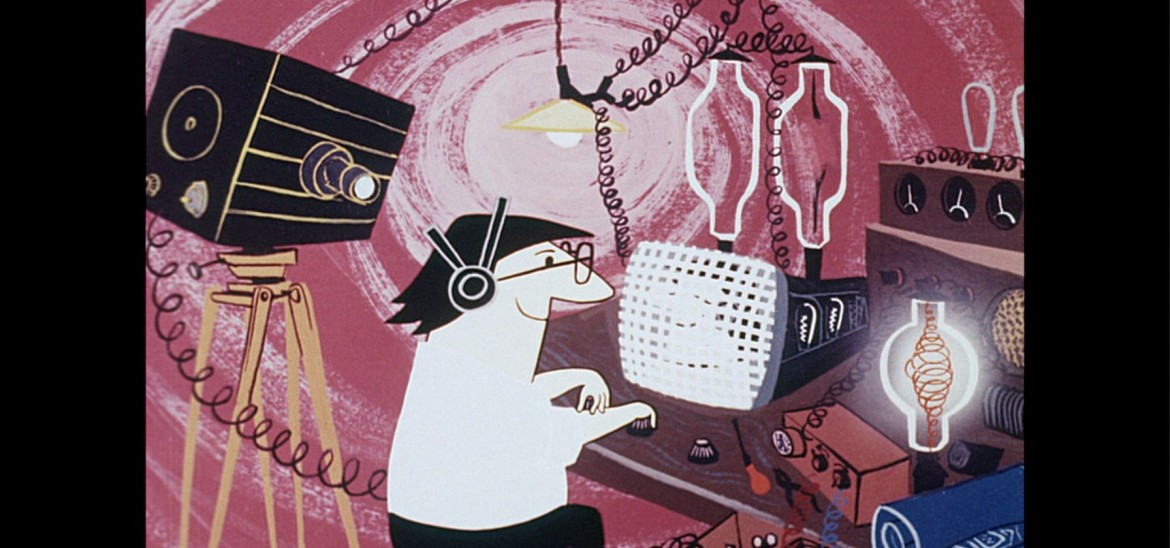 A cartoon image of a man surrounded by TV broadcasting equipment.
