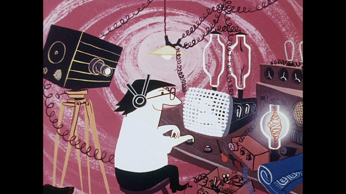A cartoon image of a man surrounded by TV broadcasting equipment.