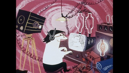 A cartoon image of a man surrounded by TV broadcasting equipment.