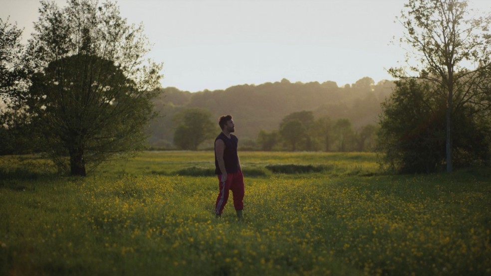 A man stands in a green field in soft golden lighting.