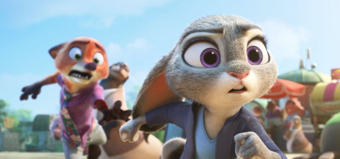 A panicked fox in a pink shirt chases determined bunny in a blue shirt