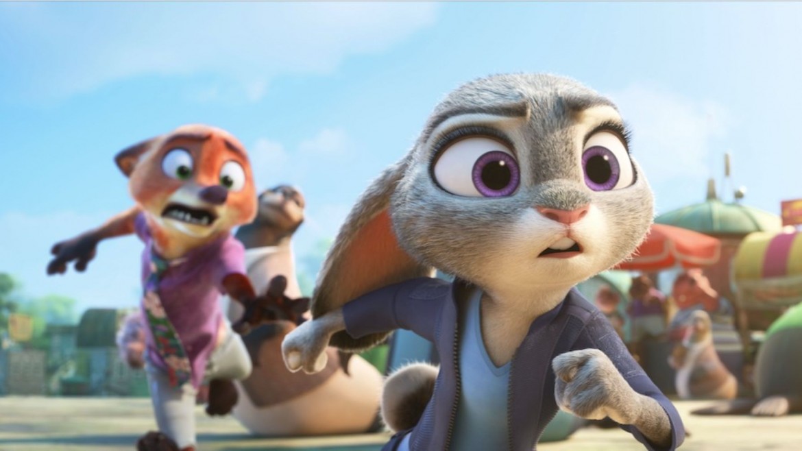 A panicked fox in a pink shirt chases determined bunny in a blue shirt