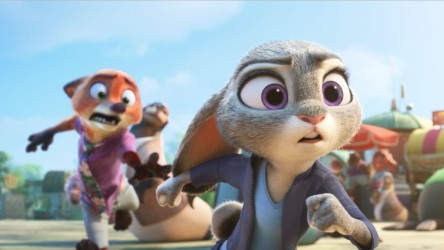 A panicked fox in a pink shirt chases determined bunny in a blue shirt
