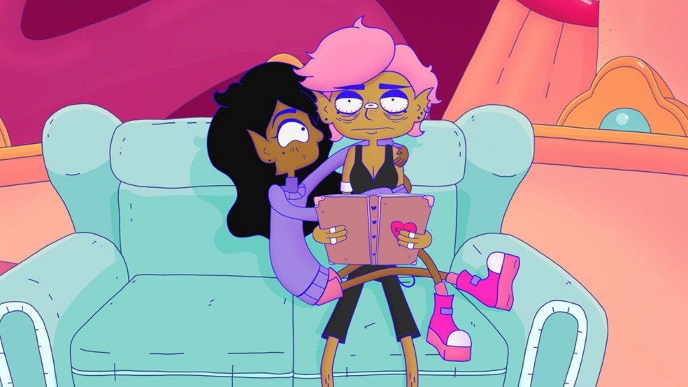 Cartoon image of two young women on a couch.