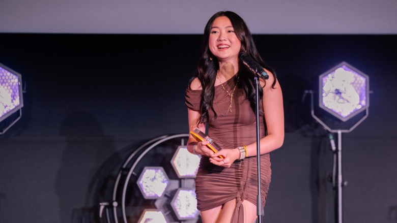 Best Film Review winner Hailey on stage at the Into Film Awards 2026
