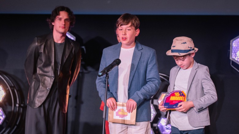Best Film: 5-11 winners Fletcher and Jude, on stage with actor Harry Collet