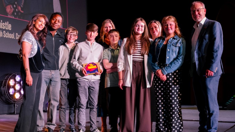 Best Film: 12-15 winners from St Colmcille's High School, on stage
