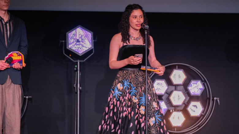 Ones to Watch winner Araminta on stage at the Into Film Awards 2026