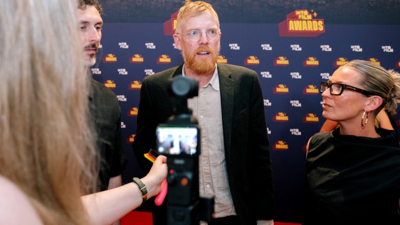 Filmmaking Champions Will Davies and Sophie Barnard being interviewed