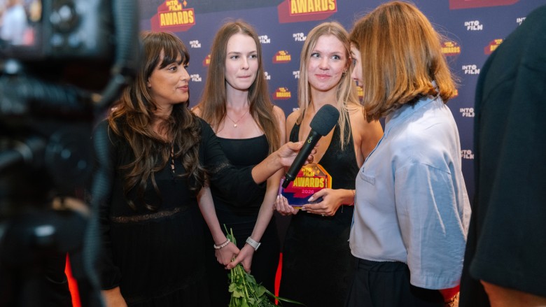 Best Story winners Anna and Yeva being interviewed with Jodie Whittaker