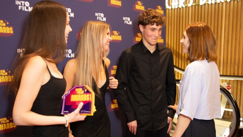 Best Story winners Anna, Yeva and Platon with actor Jodie Whittaker