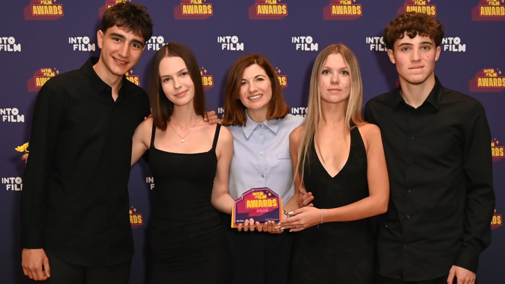 Best Story winners Vlad, Anna, Yeva and Platon with actor Jodie Whittaker