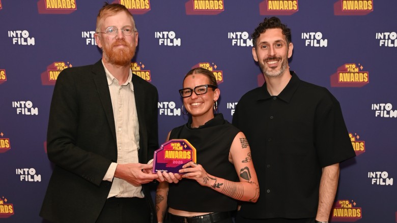 Filmmaking Champions Will Davies and Sophie Barnard, with Blake Harrison