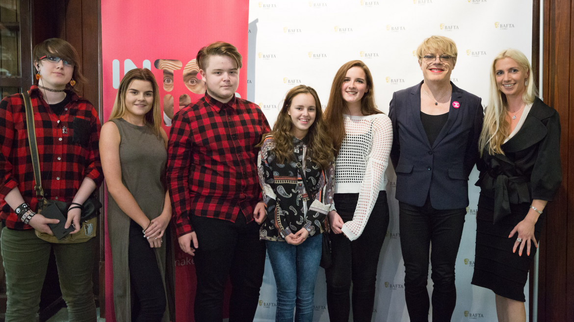 Students with Eddie Izzard at Swansea event
