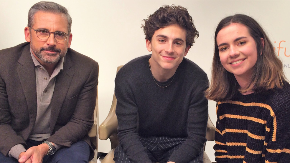 Reporter Alexa with Steve Carell and Timothee Chalamet