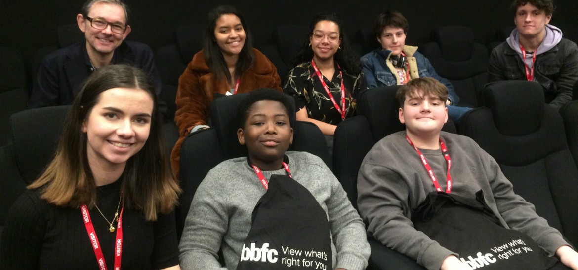 Into Film CEO Paul Reeve and young reporters at the BBFC panel event