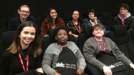 Into Film CEO Paul Reeve and young reporters at the BBFC panel event