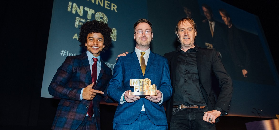 Teacher of the Year winner Rhys Roberts with host Radzi & actor Rhys Ifans